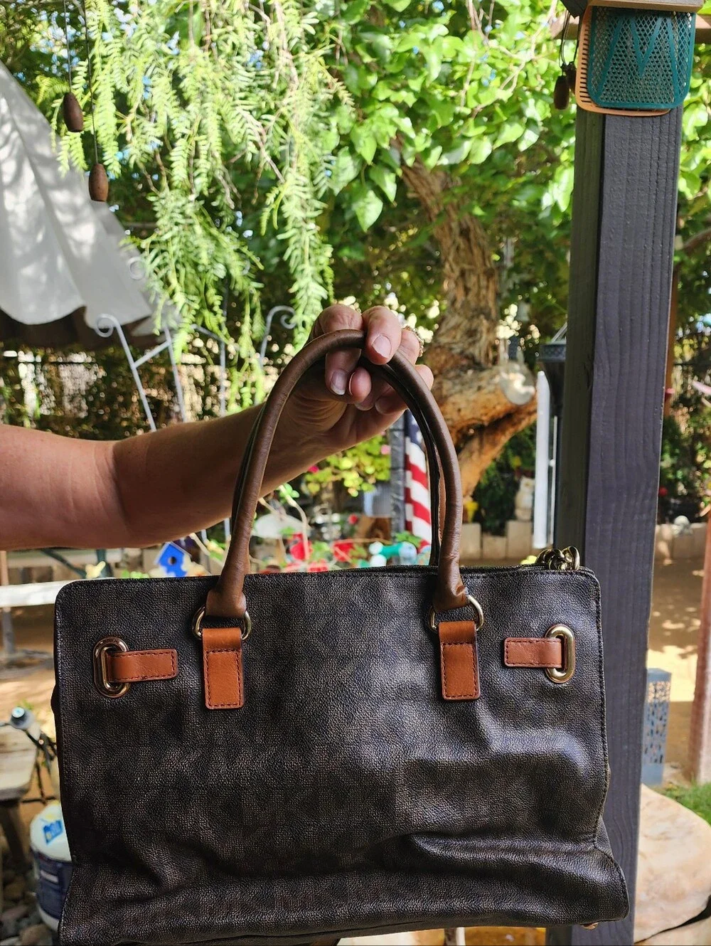 Michael Kors Dark Brown Signature Logo Satchel with Tan Trim